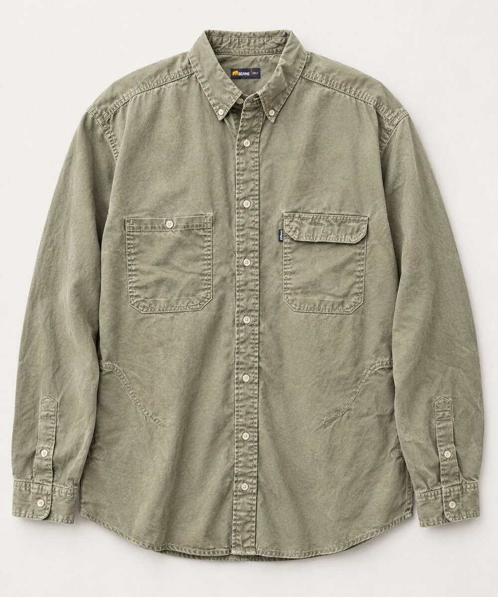 Berne Men’s 2XLT Long Sleeve Work Shirt Olive Khaki Button Front Utility